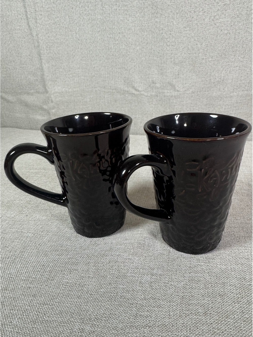 Pair of Brown  Ceramic Coffee Mugs with Textured Surface and 'Kahlua' Branding
